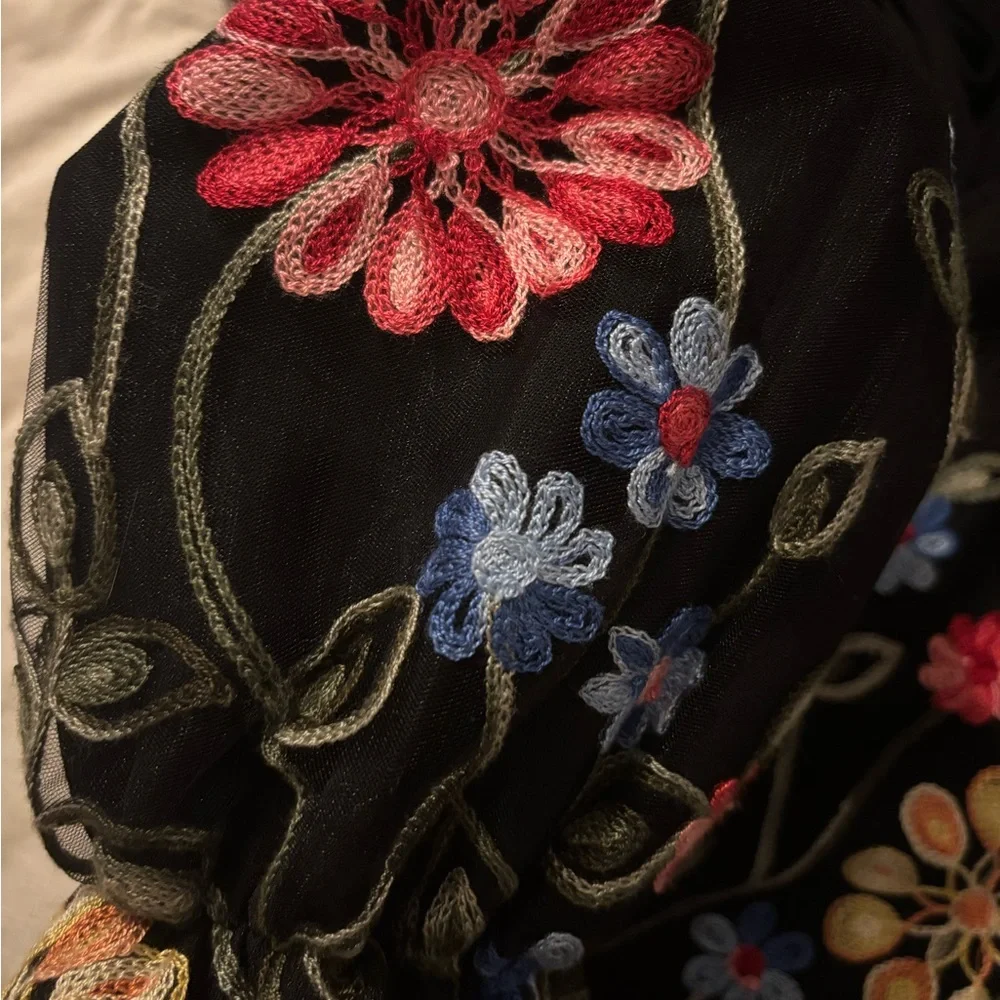SHEIN Black Sheer Flowy Blouse with Colorful Lantern Embroidered Floral Sleeves - Picture 9 of 17